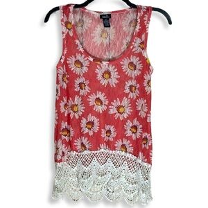 Rue21 Y2K Tank Top Womens M Coral Red Floral Daisy‎ Sheer Boho Fairy Crochet Hem